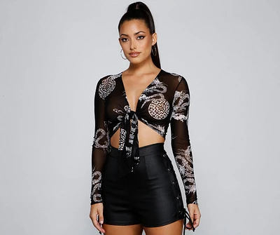 Chic Dragon Print Tie-Front Top