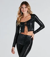 All Sequin Dual Tie Front Crop Top