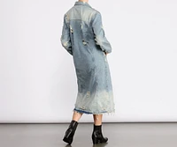 Stylishly Destructed Long Line Denim Jacket