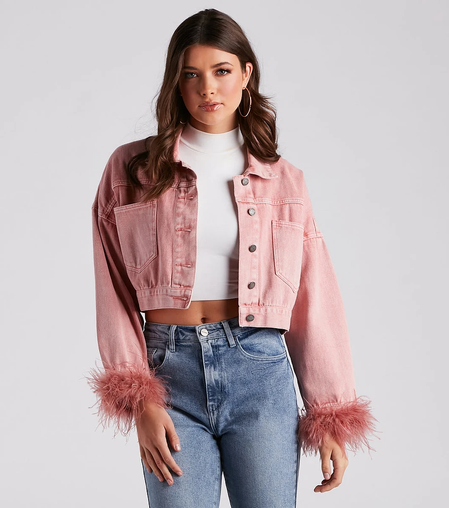 Luxe Touch Marabou Denim Crop Jacket