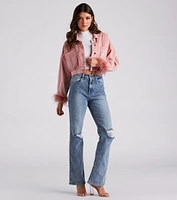 Luxe Touch Marabou Denim Crop Jacket