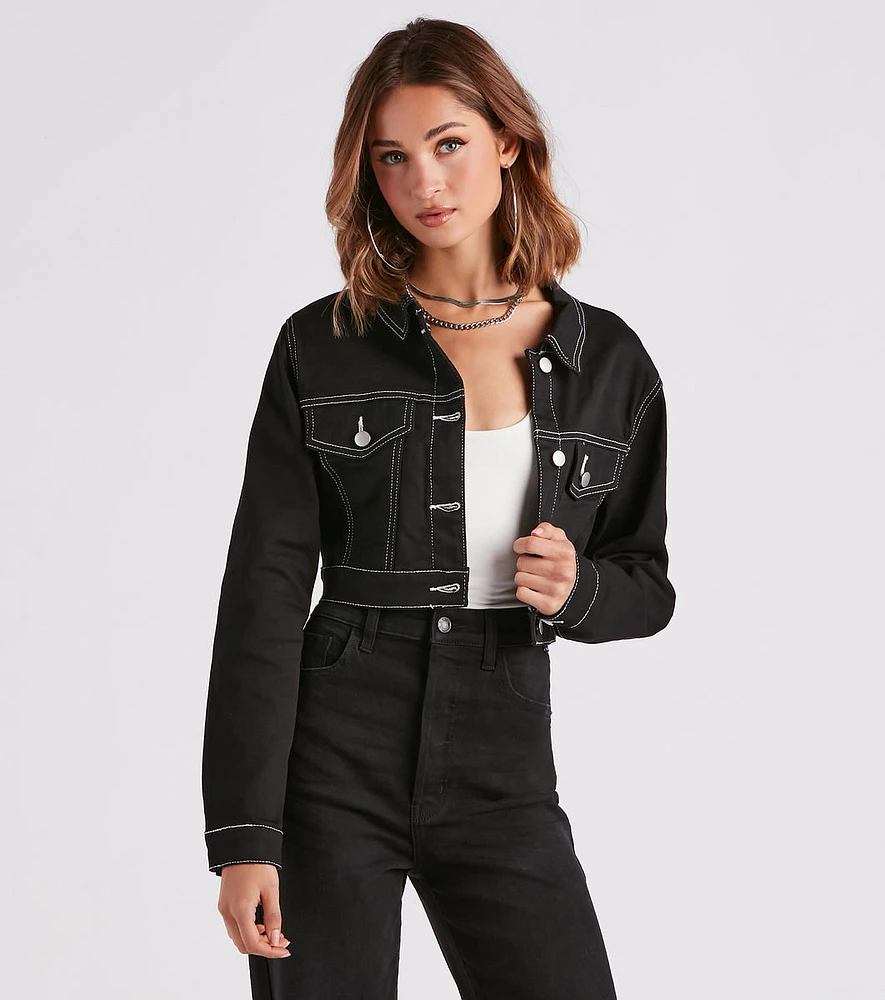 Make Way Contrast Stitch Crop Denim Jacket