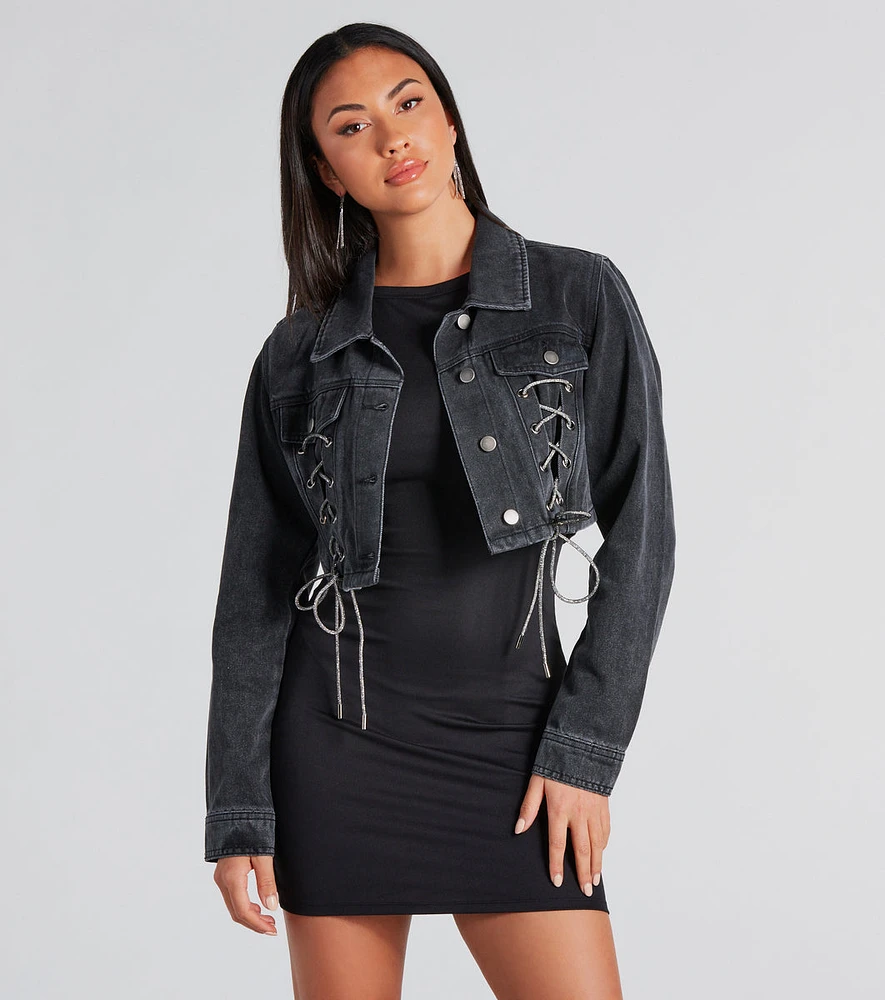 Outshine Rhinestone Lace-Up Denim Jacket