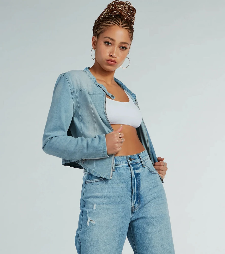 Time To Slay Zip-Up Denim Moto Jacket