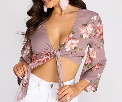 Floral Kimono Sleeve Tie Front Top