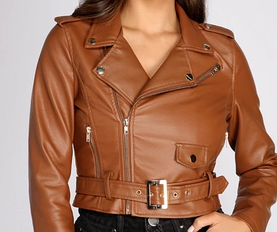 Belted Cropped Faux Leather Moto Jacket