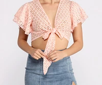 Make My Heart Flutter Lace Tie Front Cropped Blouse