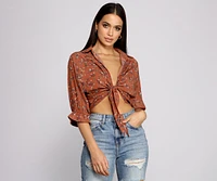 Floral Charm Tie Front Top