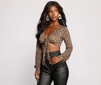 Leopard Print Long Sleeve Tie Front Top