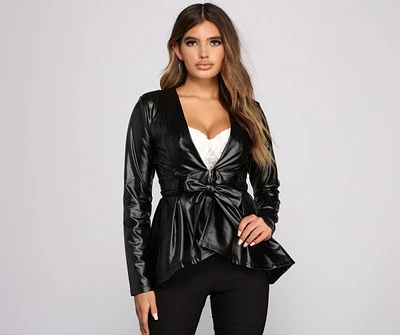 Faux Leather Belted Peplum Blazer