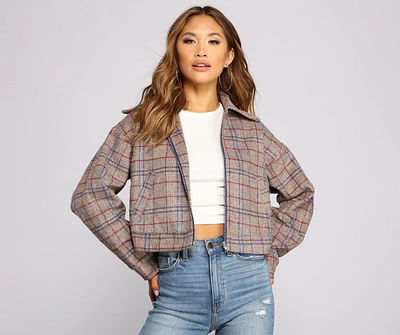 Perf Look Plaid Oversized Cropped Jacket