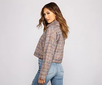 Perf Look Plaid Oversized Cropped Jacket