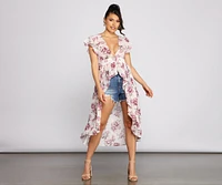 Floral Flutter Sleeve Chiffon High-Low Duster