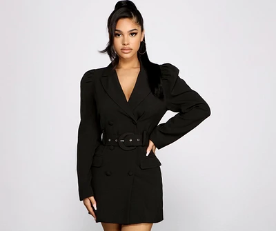 Double Breasted Belted Puff Sleeve Blazer