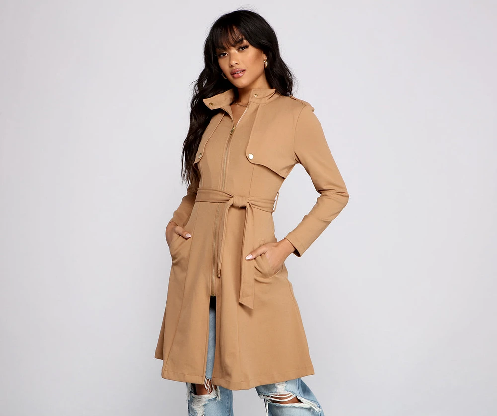 Belted Sophistication Crepe Trench Dress