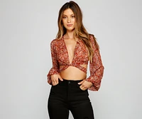 Retro Babe Chiffon Paisley Print Tie-Front Blouse