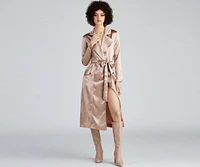 Sleek Sophistication Belted Satin Trench