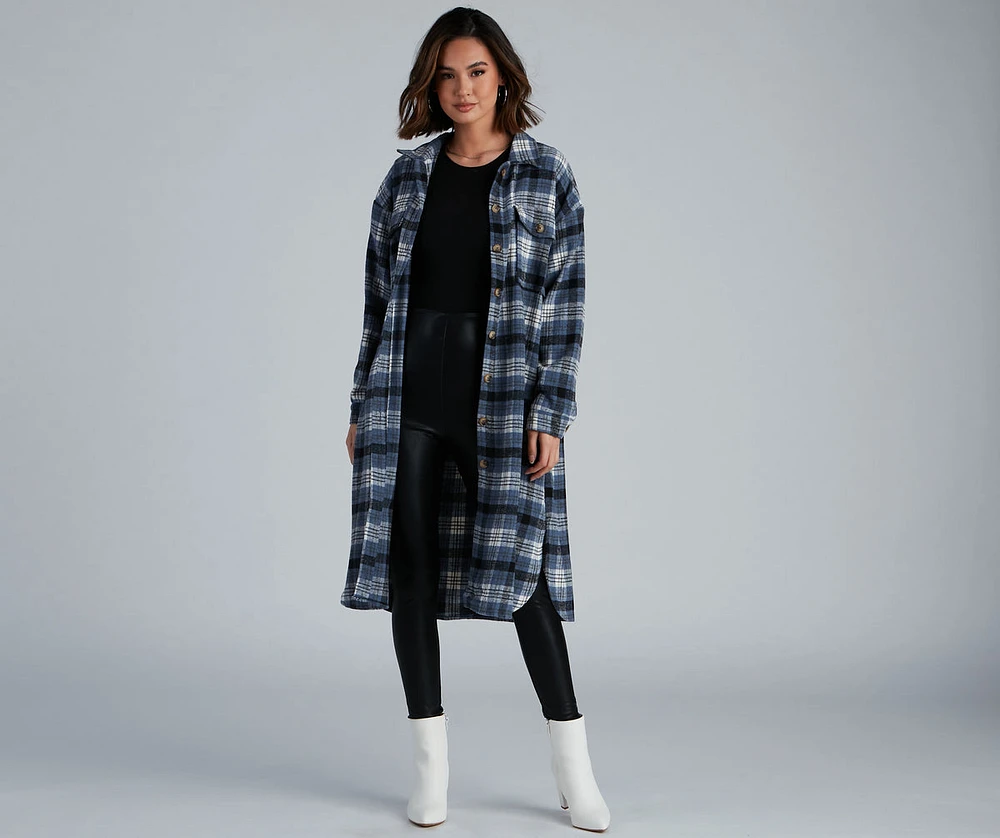 Casual-Cozy Long Line Plaid Shacket