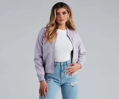 Sleek Look Faux Leather Bomber Jacket