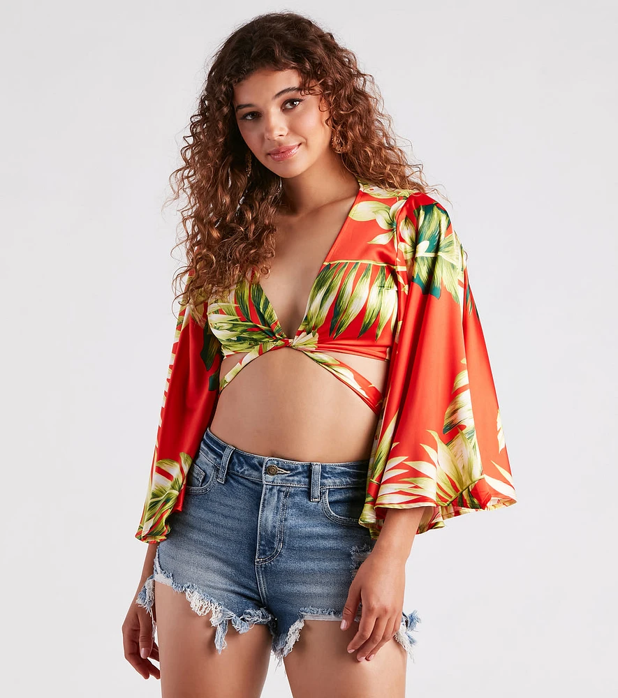 Cancun Chica Tropical Satin Tie Front Top