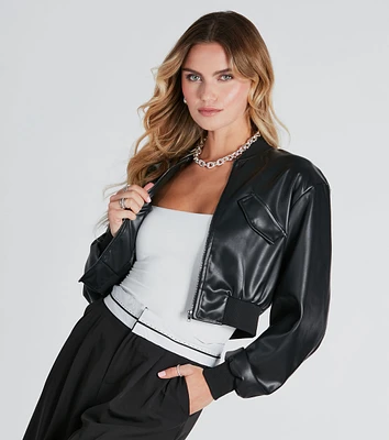 Cool Streets Faux Leather Crop Bomber Jacket