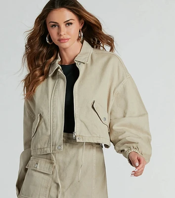 Top Notch Cargo Twill Crop Bomber Jacket