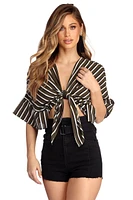 Striped And Ruffled Tie Front Top