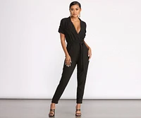 Short Sleeve Tie Waist Utility Jumpsuit