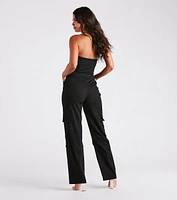 New Vibe Strapless Denim Cargo Jumpsuit