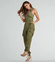 On The Hit List Halter Cargo Jogger Denim Jumpsuit