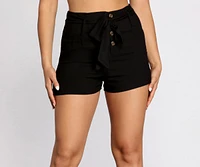 Tie Waist Button Front Twill Shorts