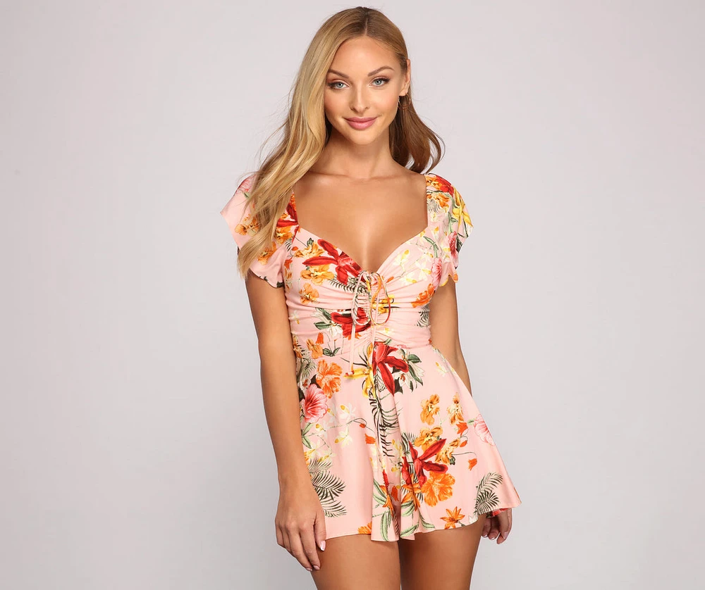 Island Bound Ruched Tropical Romper