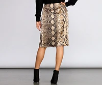 Satin Snake Print Midi Skirt