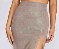 Glitter Woven High Slit Midi Skirt