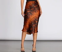 Satin Flared Snake Midi Skirt