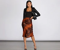 Satin Flared Snake Midi Skirt