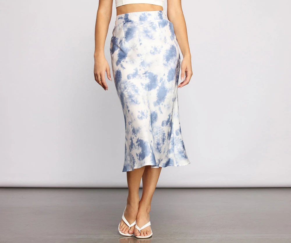 Stylishly Sleek Satin Tie Dye Midi Skirt