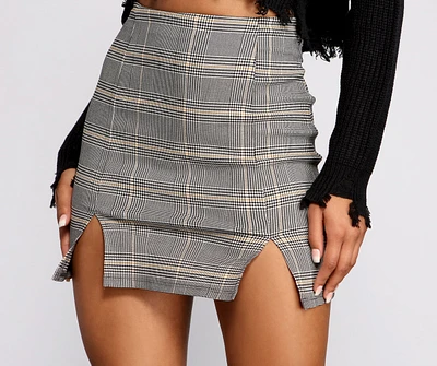 High Waist Double Slit Plaid Mini Skirt