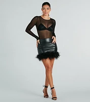 So Fabulous Feather-Trim Faux Leather Mini Skirt