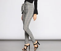 High Rise Tie Waist Plaid Skinny Pants