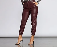 High Rise Faux Leather Cargo Joggers