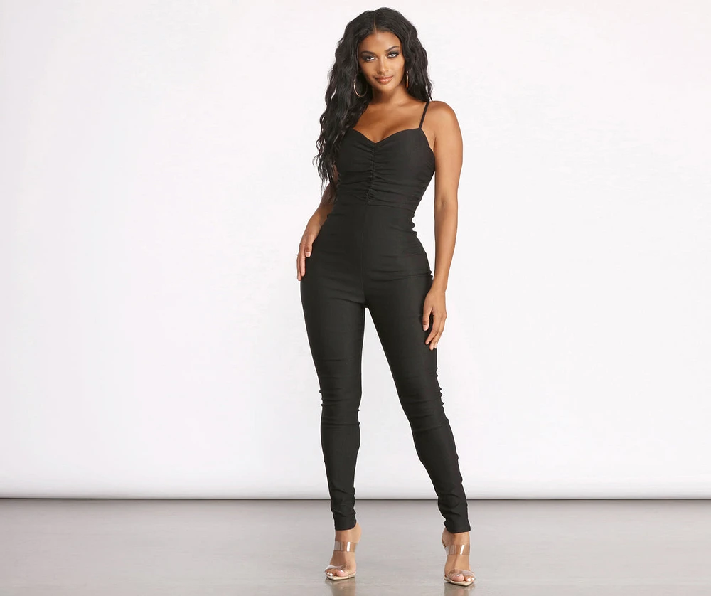 Sleeveless Sweetheart Neck Ruched Tapered Catsuit