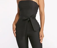 Sleeveless Twill Tie Waist Catsuit