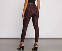 High Waist Snap Front Plaid Skinny Pants