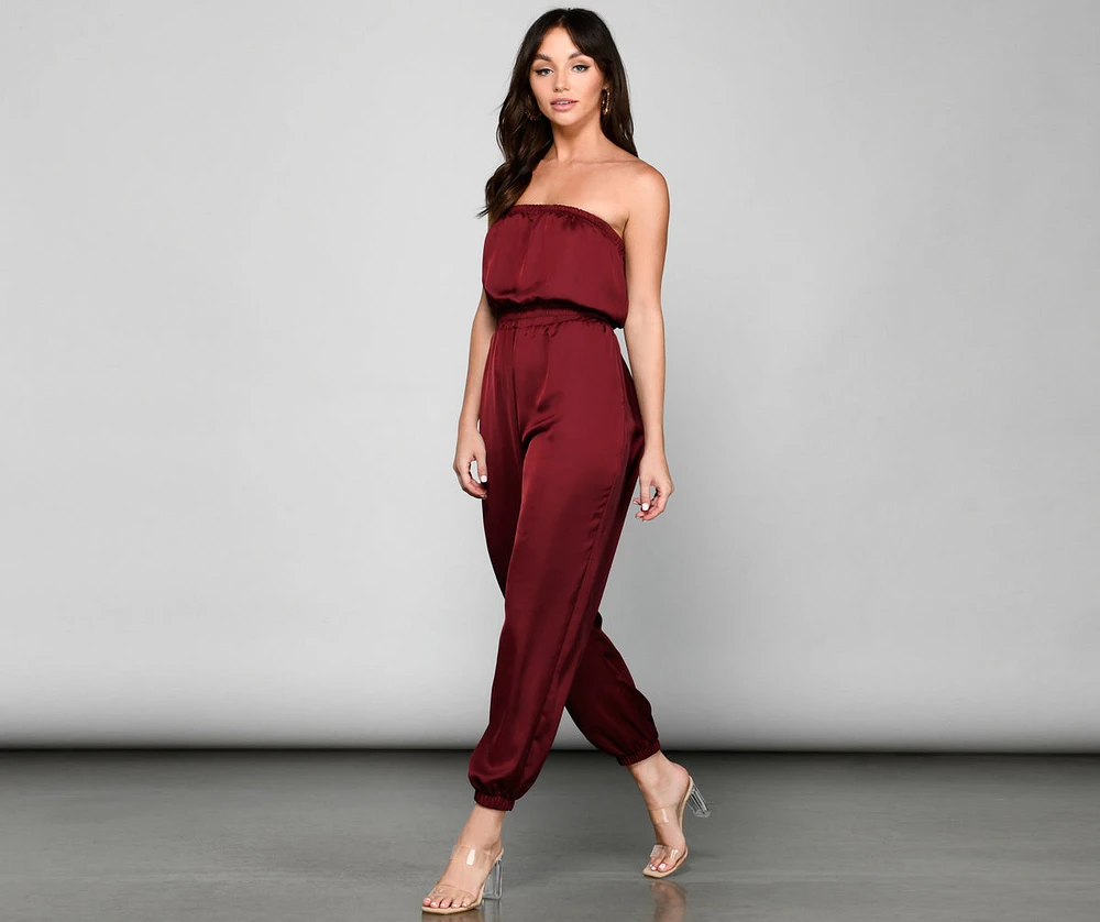 Sleek Strapless Satin Jumpsuit