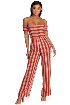 Smocked And Striped Jumpsuit