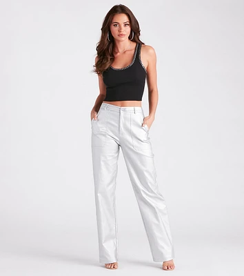 Space Glam Coated Faux Leather Cargo Pants