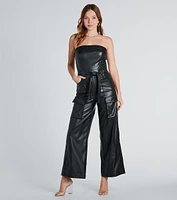 Serving Chic Style Faux Leather Belted Jumpsuit