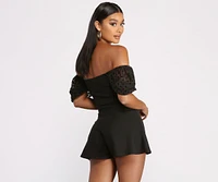 Polka Dot Puff Sleeve Sweetheart Neck Crepe Romper