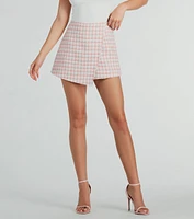 Preppy Beauty Tweed Faux Pearl Button Plaid Skort